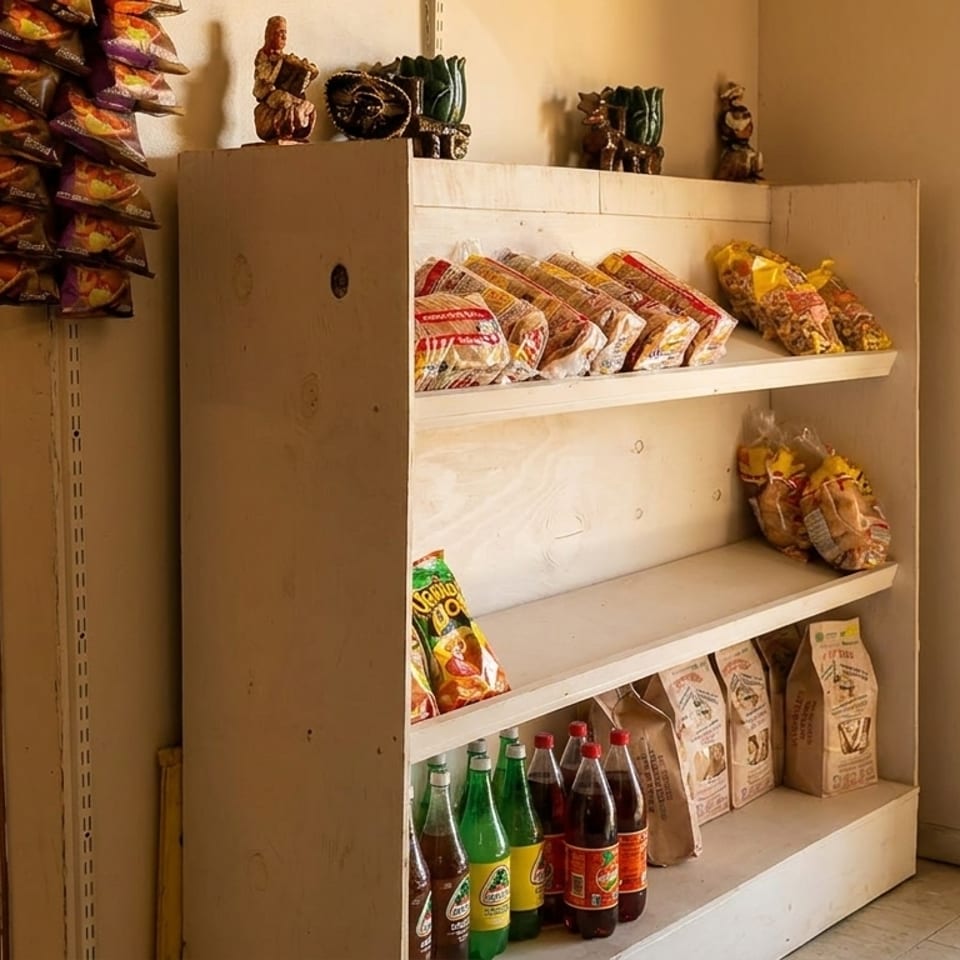A wooden shelf unit filled with packaged snacks, drinks, and decorative items next to a restroom door.