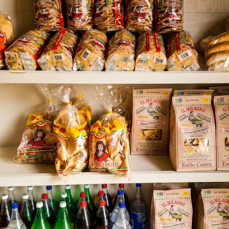 Shelves filled with packaged Mexican food products, including tostadas, tortilla chips, and bottled drinks.