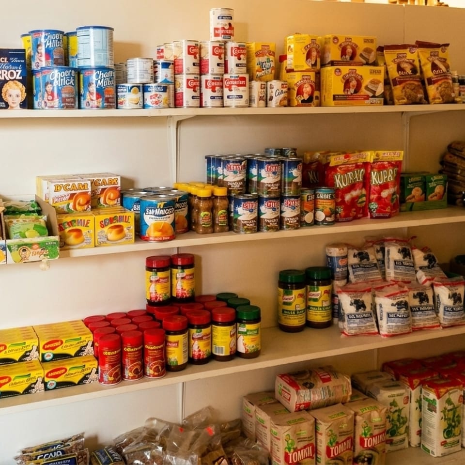 Shelves filled with various packaged and canned food products, including rice, spices, and snacks.