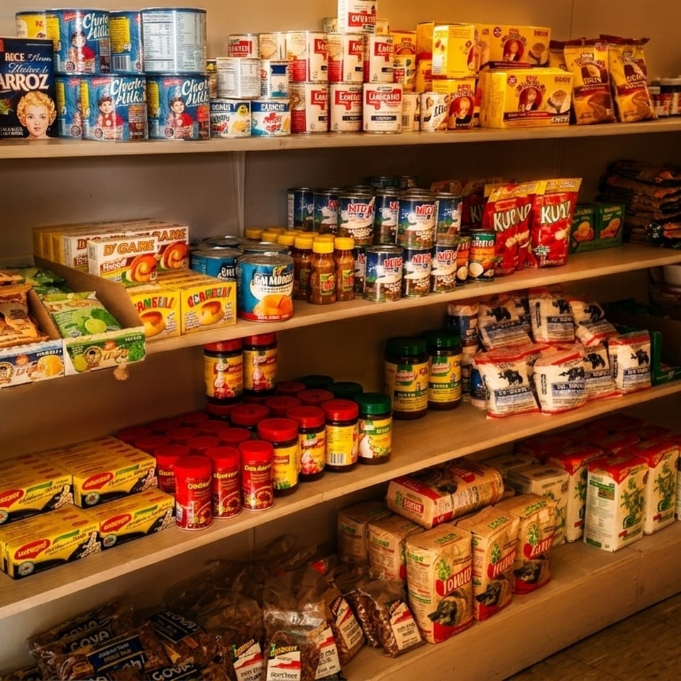 Shelves filled with various packaged food items, including rice, canned goods, and spices.